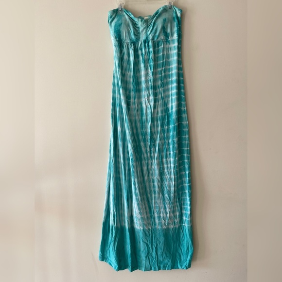 Teal Tie-dye Sleeveless Bustier Ruched Maxi Dress - Picture 1 of 7
